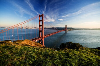 the Golden Gate Bridge, looking south from the Marin Headlands toward the Presidio, with downtown San Francisco on the left